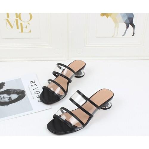 Women shoes summer 2021 crytals 4cm round heel transparent pvc high heel new fashion comfortable open toe sandals outside casual