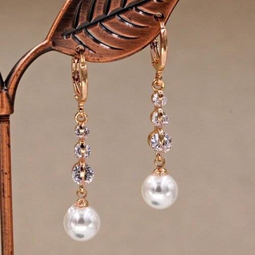 Trendy Gold Copper Plated Pearl Dangler Drop Earrings With White Zirconia Stone For Womens Fashion Jewelry Accessories Gift