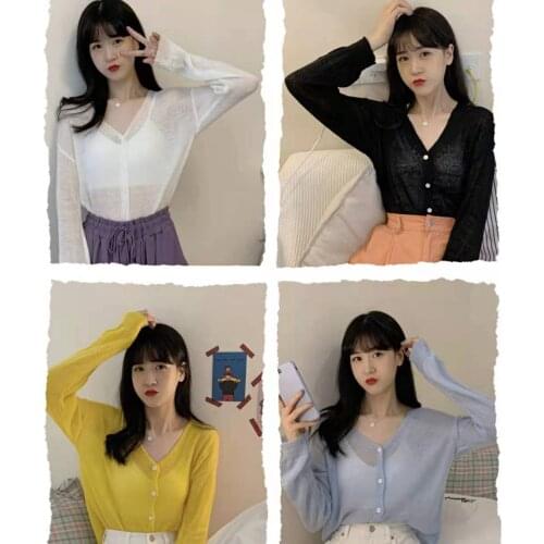 Womens Ice Silk Knitted Smock Sunscreen Clothes Loose Long Sleeve V-neck Air Conditioning Tops for Women