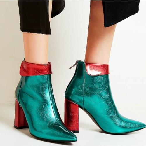 2021 New Autumn Winter Women Ankle Boots Fashion Zipper Mixed Colors Square High Heel Short Boots Ladies Patent Leather Shoes