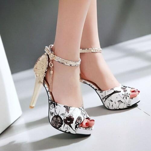 Women Summer Flower print shoes Fish Mouth high heel ladys platform sandals evening dress wedding shoes femal zapatos de mujer