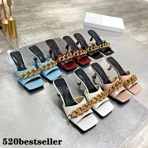 Sandalias 2021 Womens Low Heel Shoes CHAIN Open Toes Zapatillas Mujer Slippers Lady High Heels Shoes Pump Thin Heels LOAFERS