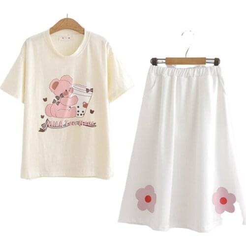 Women Set Top And Skirt Short Sleeve Cartoon Print Cotton T Shirt And Floral Print Hight Waist A-line Skirt Summer Two Piece Set