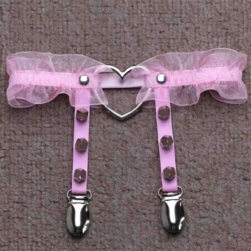Punk PU Leather Sex Appeal Ladies Peach Heart Garter Belt Nightclub Bow Knot Lace Rivet Leg Garter Clip Party Charm Holiday Gift