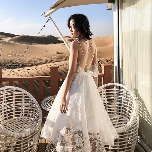 Maldives White Fairy Dress Womens Suspender Open Back Seaside Holiday Show Slim Embroidered Beach Skirt