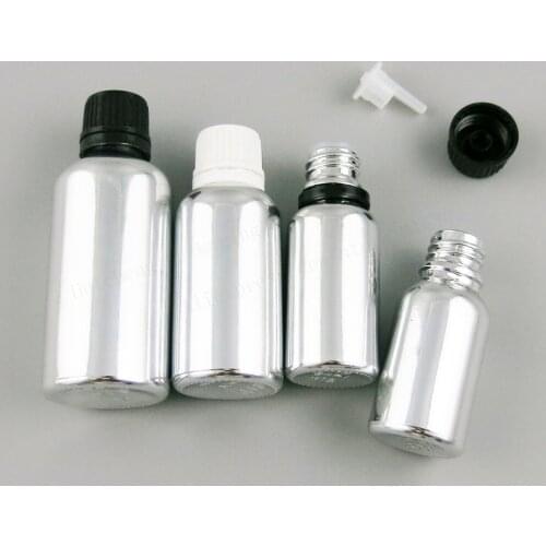 12 x New Design 5ml 10ml 20ml 30ml 50ml 100ml Refillable empty glass silver plated Essential oil bottle with screw plastic lids