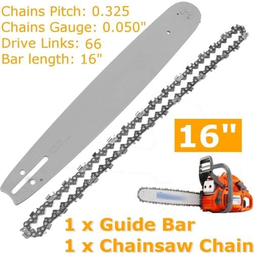 16 Inch 0.325 Pitch 66 Drive Links Semi Chisel Chains & Guide Bar For Husqvarna POULAN 36 41 50 51 55 346XP 450 455 460 66DL