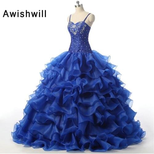 2020 Ball Gown Spaghetti Strap Floor Length Beaded Crystals Organza Royal Blue Cheap Quinceanera Dresses Vestidos de 15 anos