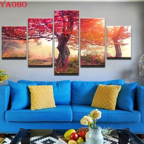 5D DIY Diamond Painting Autumn Red Maple Tree Scenery Full Square Round Drill Diamond Embroidery Handmade Home Decoration 5pcs