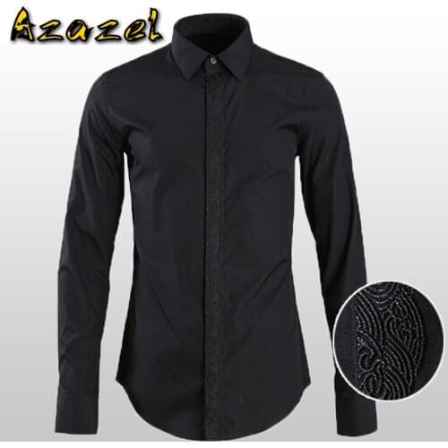 Azazel Cotton Mens Shirts Luxury Placket Embroidery Long Sleeve Mens Dress Shirts Plus Size 4xl Solid Color Slim Fit Man Shirts