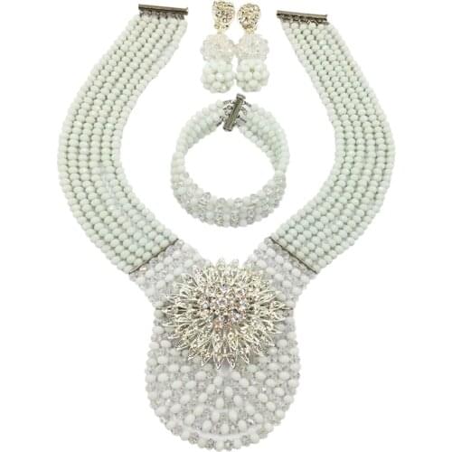 White and Transparent African Wedding Necklace Nigerian Beads Jewelry Set 6C-XJZ016
