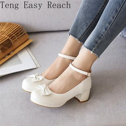 White Wedding Heels Pink Block Chunky High Heel Lolita Shoes Female Princess Bow Knot Ankle Buckle Summer Women Pumps 41 42 43