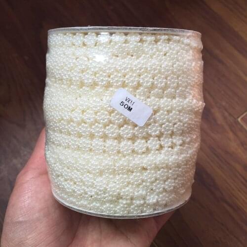 50 Meters/Roll flower Plastic Pearl Trim 6mm Pearl Bead String Trim Chain Sew VX11- Beige