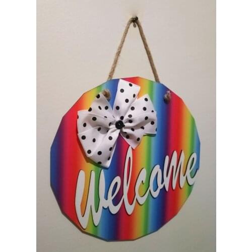 Wooden welcome home sign door hanging decors round wreath home art ornaments door sign frame rainbow