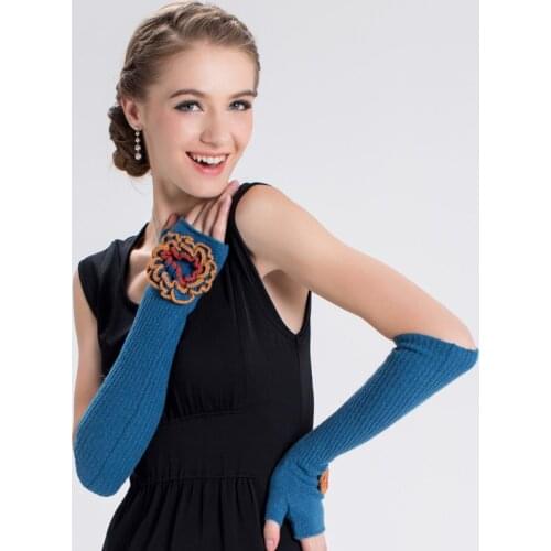 Long Winter Cashmere Wool Fingerless Women Gloves Red Blue Floral Winter Party Elbow Gloves Sleeve Arm Warmer Half Finger Gloves