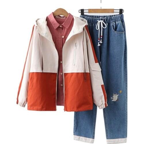 Womens Casual Pant Sets Zipper Hooded Jacket Straight Denim Pants and Plaid Blouse Female 2021 Summer Three Piece Set Clothing