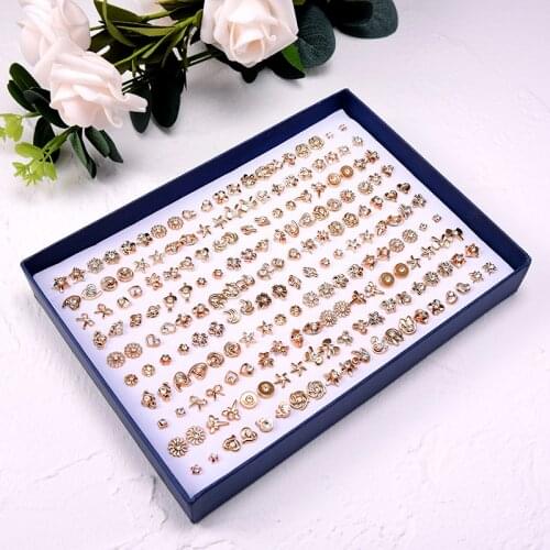 100 Pairs Anti Allergy Girls Earrings Mix Style Rhinestone Sun Flower Geometric Animal Plastic Stud Earrings Set Women Jewelry