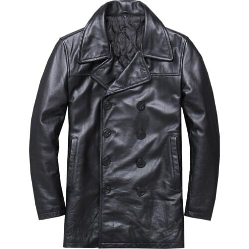 Classic Genuine Leather Jacket Men 100% Cow Cowhide High Quality Trench Style Double Breasted Autumn Winter Outerwear Overcoat
