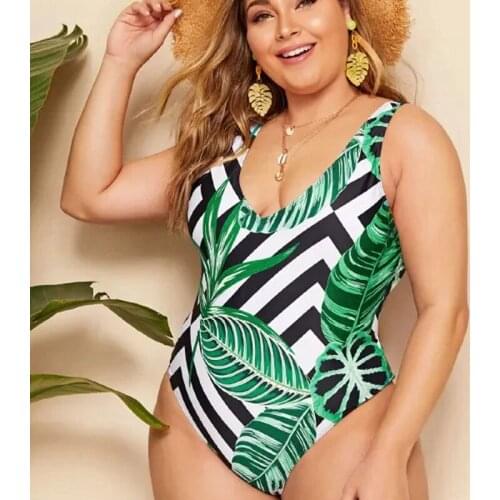 L-3XL Plus Size One Piece Swimsuit Plant Print Swimwear Women Large Sizes Bathing Suit Slim Monokini Sexy Swimsuit Female 2020