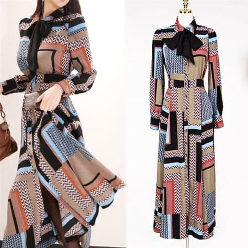 New Style Geometric Pattern Printed Dresses Autumn Elegant Ladies Long Dress Women Bow Full Sleeve Robe Party Dress SL534