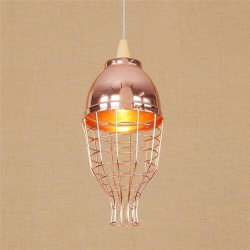 Loft Style Rose Gold Iron Cage Droplight Modern LED Pendant Light Fixtures Simple Single Head Wood Hanging Lamp Home Lighting