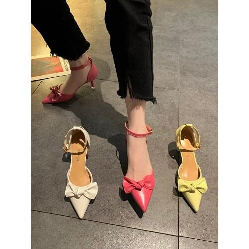 Simple Solid Color Casual Ladies Single Shoes Summer Fashion Wild Bow Buckle Fine Heel Temperament High Heels