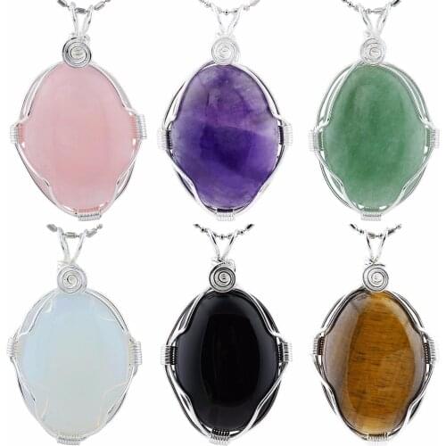 TUMBEELLUWA Handmade Wire Wrapped Oval Stone Pendant Reiki Symbol Healing Chakra Jewelry