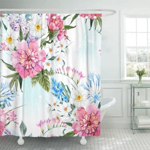 Spring Floral Bouquet White Daffodils Sereni Pink Peony Watercolor Shower Curtain Waterproof Fabric 60 x 72 Inches Set with Hook