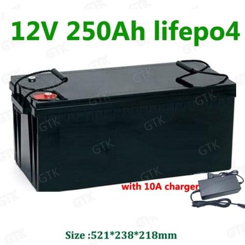 GTK Waterproof Lifepo4 12V 12.8V 250AH lithium battery 100A BMS 4S for 1000W inverter Solar energy backup power +10A Charger