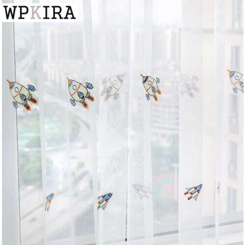 Cartoon Rocket Curtain for Kids Boys Room Bedroom Embroidery Voile Curtain for Living Room Window Sheer Drape Fabric S296#C
