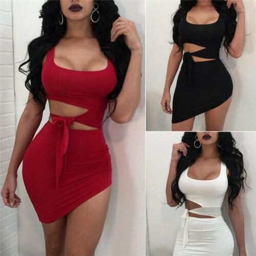 2019 Women Dress Sexy Hollow Out High Waist Package Hip Evening Party Lace-up Cut Off Exposed Navel Slim Summer Clothing