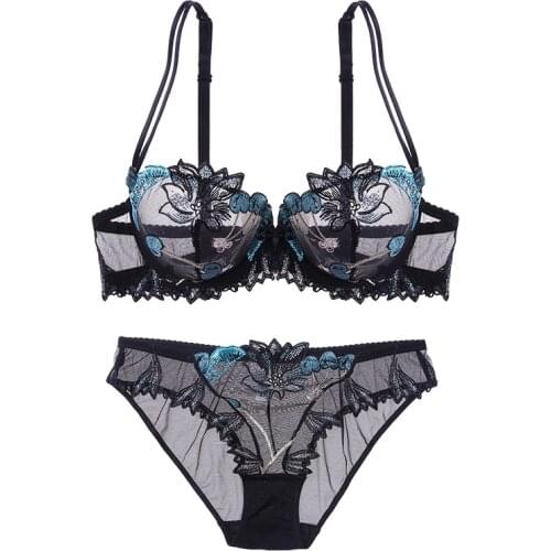 Lilymoda Women Ultrathin Underwer Lingerie Set Unlined Sexy Bra Brief Sets Push up Transparent Lace Embroidery Black Bra Panties