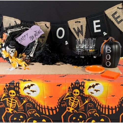 1pc Halloween Pumpkin Skull Tablecloth Home Table Decoration Spider Web Tablecloth Halloween Theme Party Orange Desktop Supplies