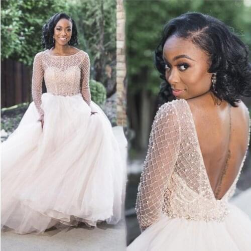 African Backless Wedding Dresses A Line Long Sleeves Pearls Beads Puffy Bridal Formal Dress Garden Country Wedding Gowns 2023