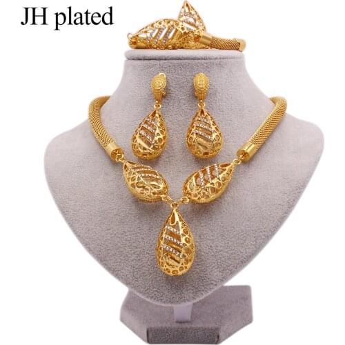 African gold color jewelry sets for women bridal wedding gifts necklace bracelet earrings ring collares Dubai jewellery set