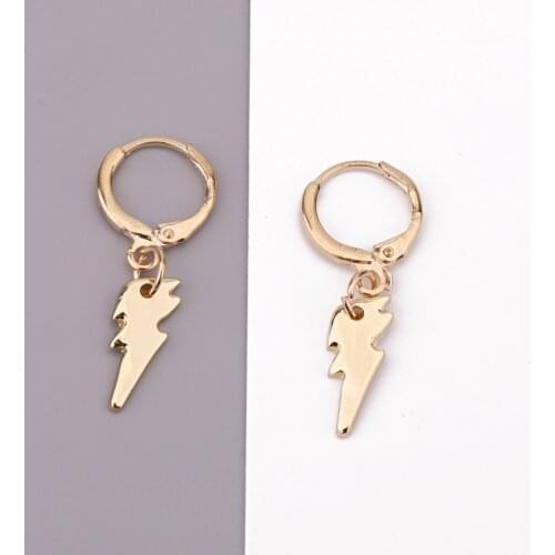 Dayoff 1Pair Unique Irregular Lightning Hoop Earrings for Women Punk Gold Silver Color Round Pendant Earrings Jewelry E245