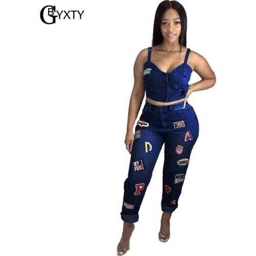 GBYXTY 2021 Summer Women Denim Suit Pattern Embroidery Long Pants Set Crop Spaghetti Strap Tops and Jeans 2 Piece Outfit ZL1124