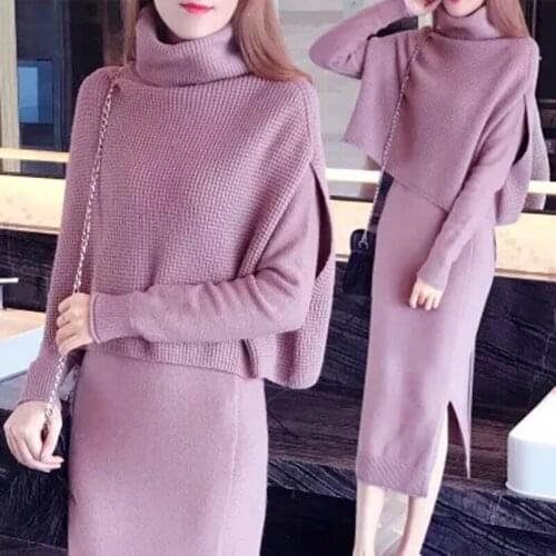Autumn Winter Two Piece Set Women Turtleneck Long Sleeve Knitted Pullovers + Long Skirts Sweater Suits Ladies Knit Outfits X94