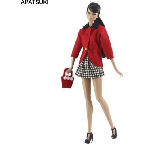 Red Fashion Doll Clothes Set for Barbie Doll Accessories Dolls Outfits Coat Bag Plaid Mini Skirt For 11.5" BJD Kids Toys 1/6