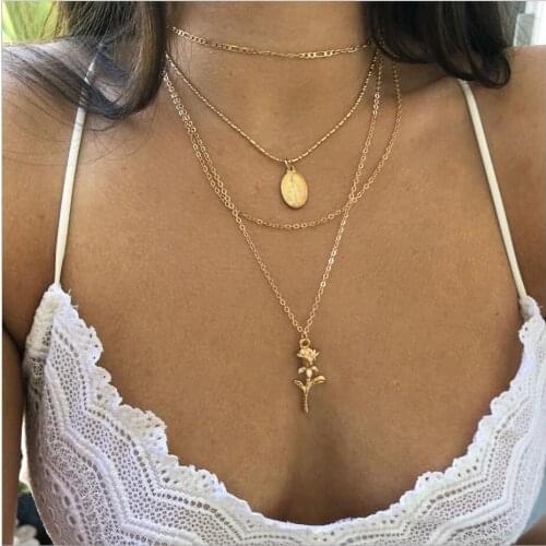 Multi layer necklace Figaro Chain choker Oval-shaped Virgin Mary Madonna Rose flower Pendant Gold silver color