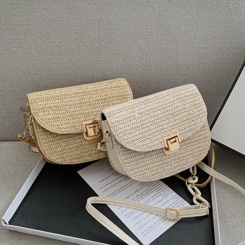 Fashion Women Straw Woven Shoulder Crossbody Messenger Bag Summer Beach Chain Saddle Bags Small Purse