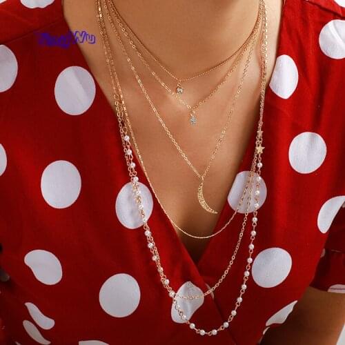 Charming Moon Necklace for Women Pearl Star Clear Crystal Stone Multi-layer Gold Chain Bohemian Jewelry Gift