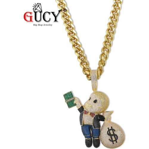 GUCY Micro Pave AAA+ CZ Gold Dollar Gangster Kid Little Richgang Hip Hop Pendant Necklace Iced Out Necklaces Mens Gift