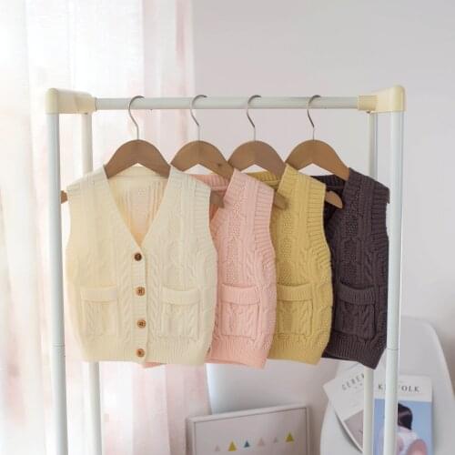 Casual Autumn Winter Cute Kids Girls Solid Color Twisted Knitting Vest Pocket Cardigans Kids Long Sleeve Warm Sweater Waistcoat