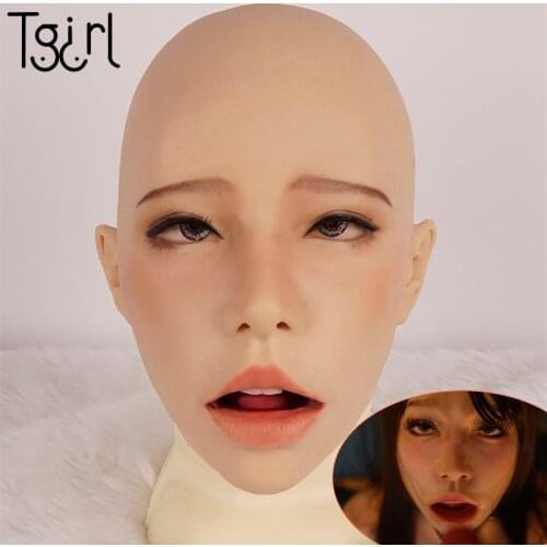 Lifelike permanent Makeup female face Headgear with open mouth Crossdresser Silicone headgear Transgender cosplay