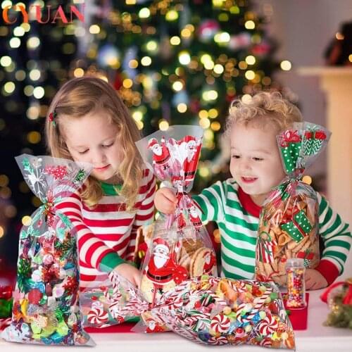 100pcs Christmas Bags Santa Claus Snowman Christmas Tree Cellophane Bags New Year Merry Christmas Biscuit Cookie Candy Gift Bag
