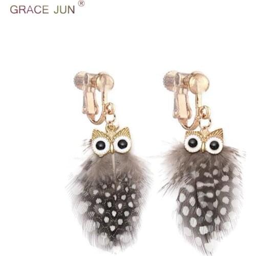 GRACE JUN Luxury Vintage Style Owl Shape Clip on Earrings and Drop Pierced Earrings Gold Color Animal Natrual Feather Earrings