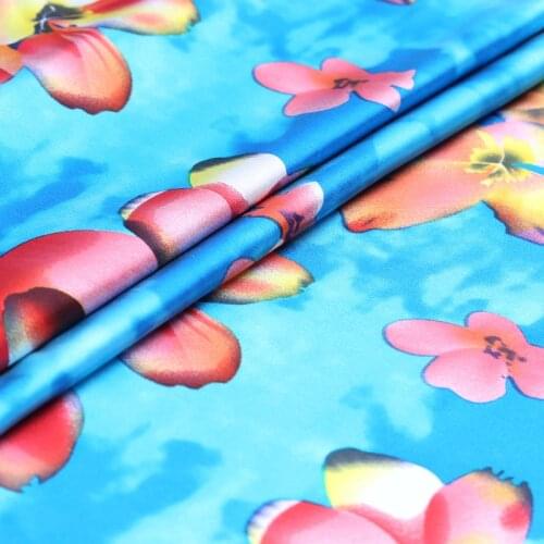 Bright Blue Real Silk Fabric By The Meter Red Yellow Flower Print Smooth Stretch Satin Dress Telas