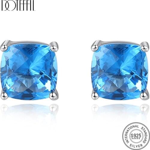 DOTEFFIL Elegant 925 Silver Sterling Square Stud Earrings for Women Party Wraped Blue Gemstone Fashion Pendientes Jewelry Gift