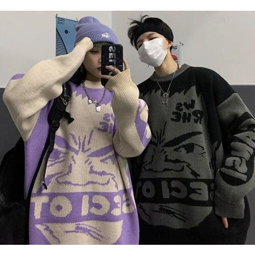 2021 Spring Womens Top Korean Ins Harajuku Style Cartoon Anime Loose Retro Jacquard Couple Men And Women Knitted Sweater